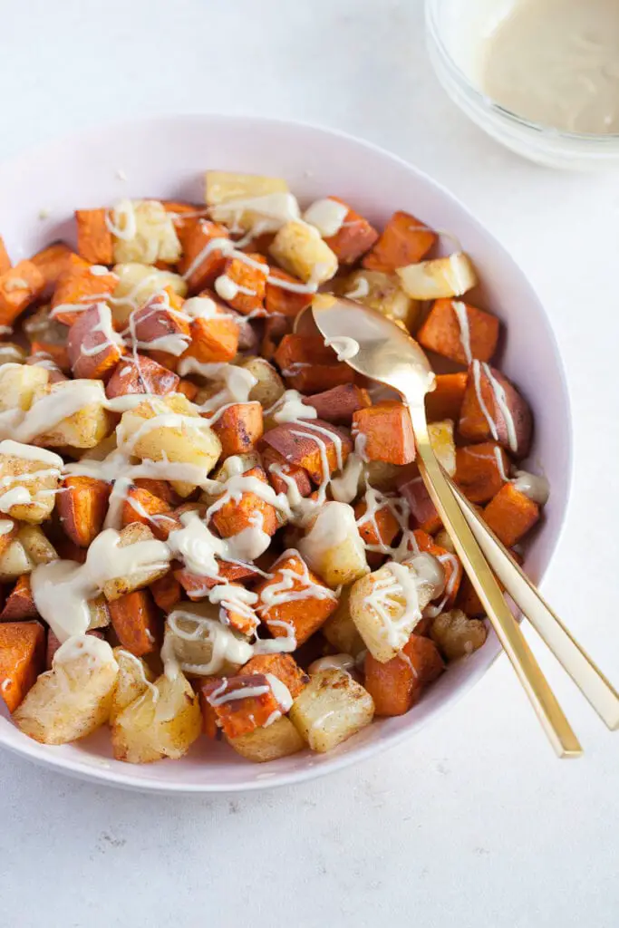 Roasted Pineapple and Sweet Potatoes with Cinnamon Cashew Drizzle