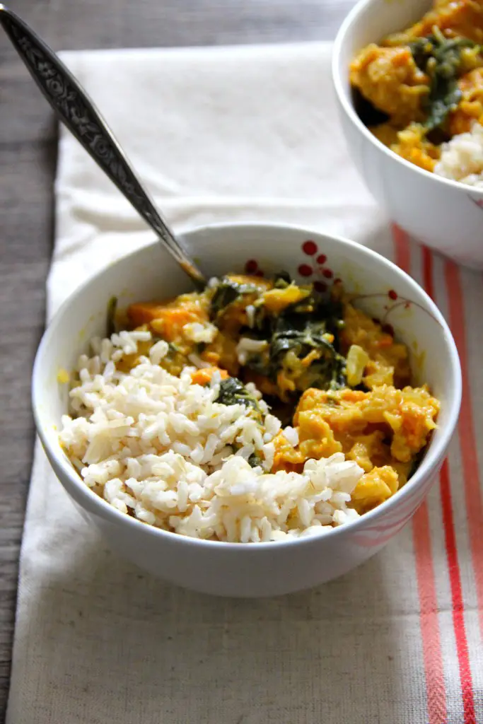 Sweet Potato and Pineapple Curry with rice in bowl