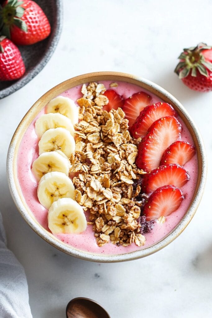 strawberry banana smoothie bowl with strawberry, banana and granola topping