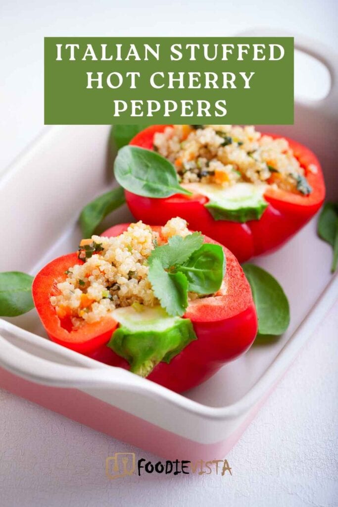 Italian stuffed cherry peppers without tomato sauce in box with leaves