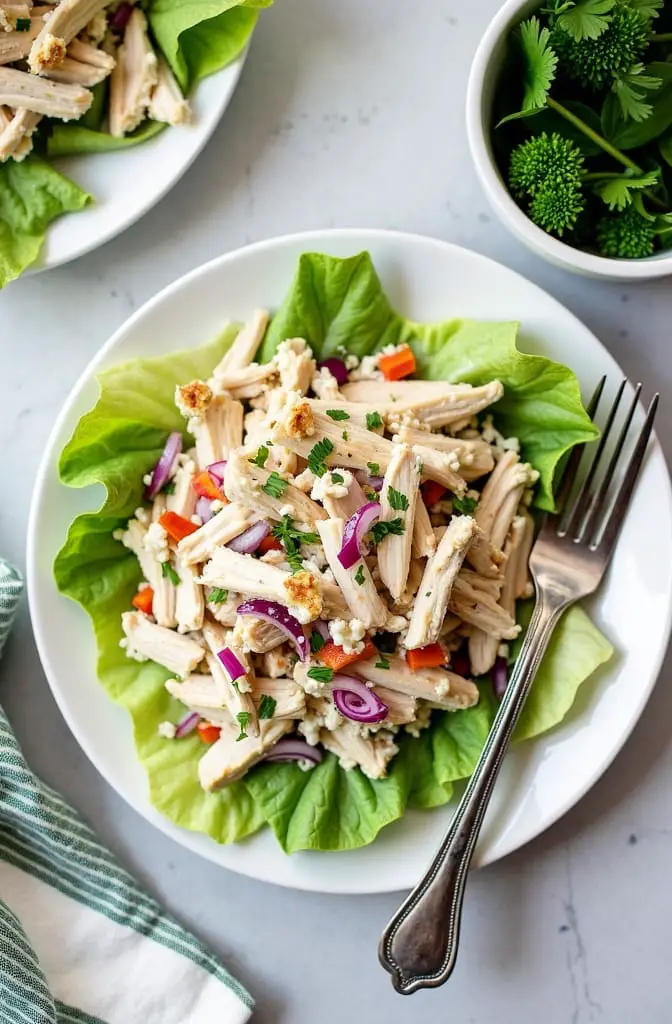 Chicken salad without celery in white plate with fork