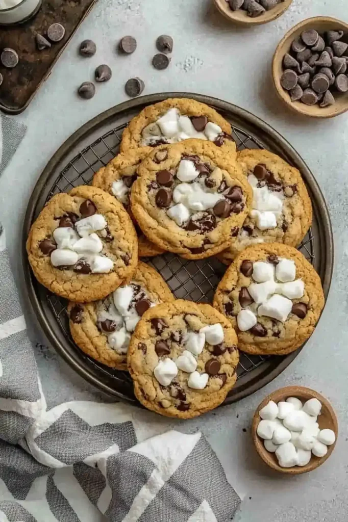 top down view of chocolate chip cookies in black plate