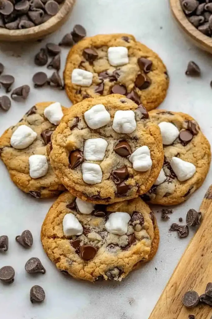 chocolate cookies are placed on table and chocolate chips are scattered around