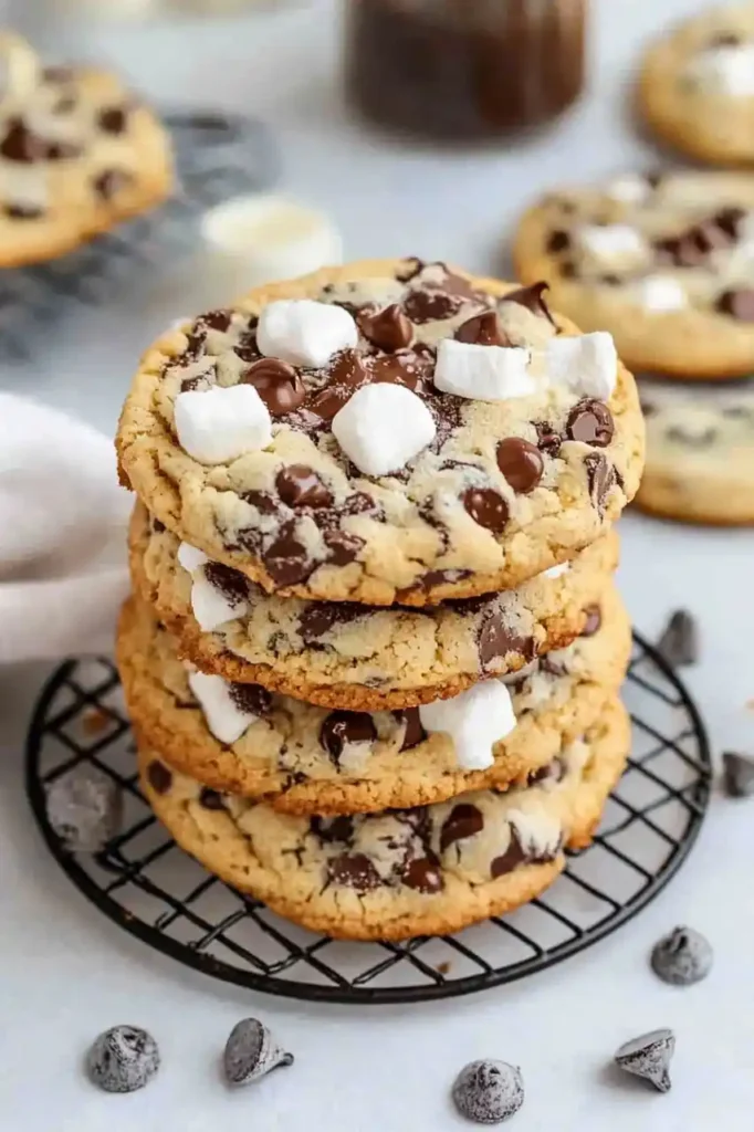 stack of chocolate chip cookies with marshmallow