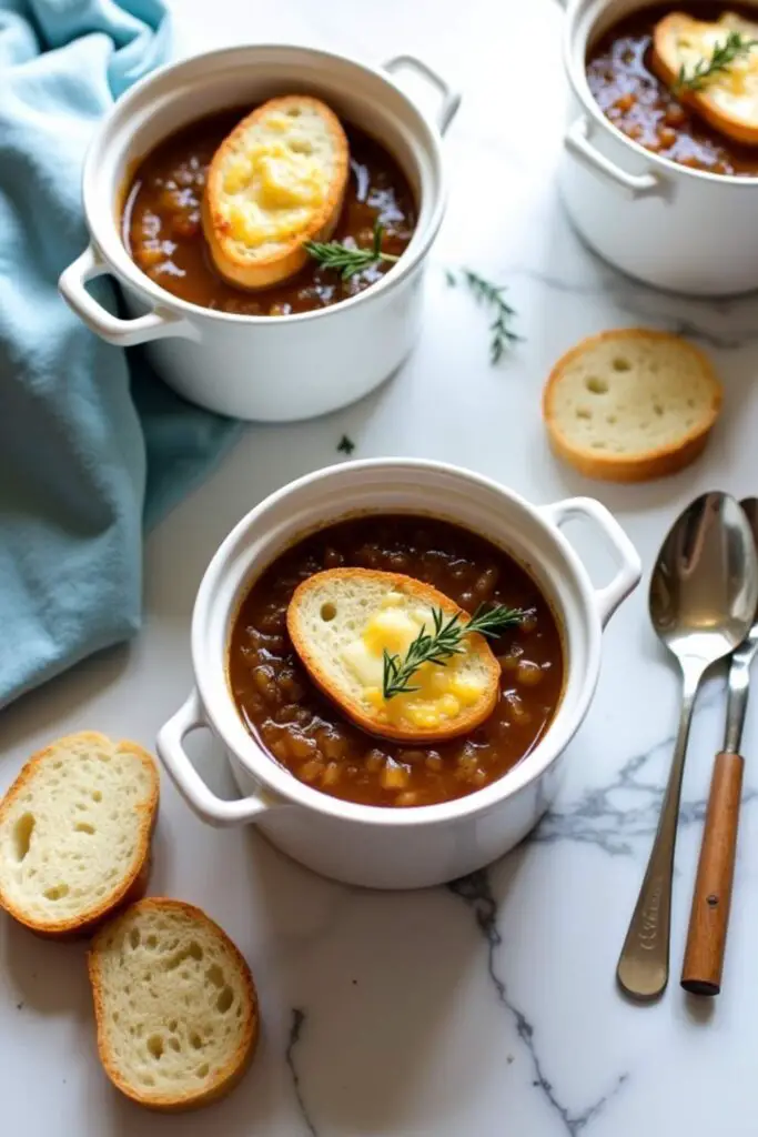 French Onion Soup in two bowls with bread