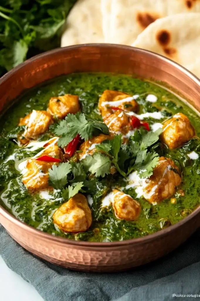 close view of Palak Chicken in wooden bowl