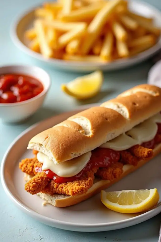 Chicken Parmesan Sandwich in plate with french fries