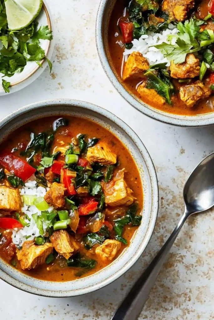 Chicken Tikka Masala Soup in two bowls with spoon placed on side