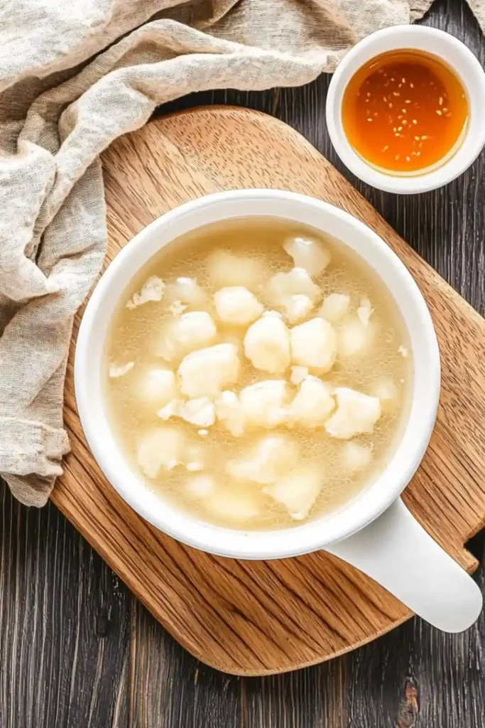 fish maw soup in white bowl placed on wooden table