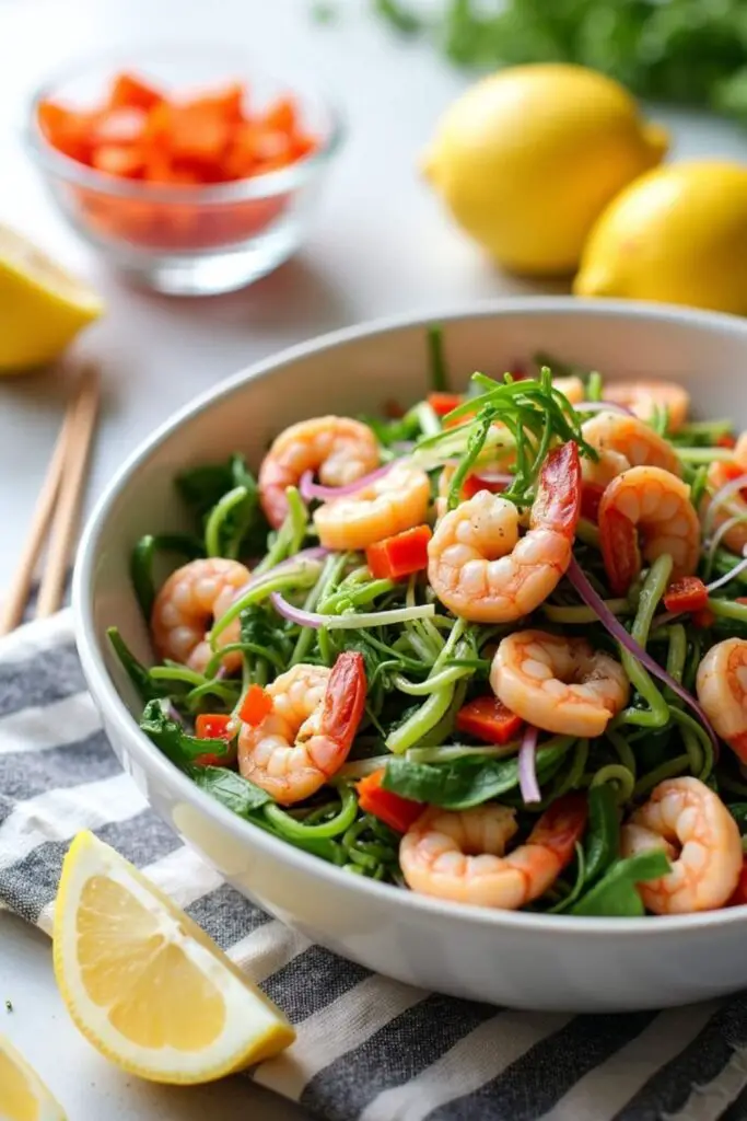 poik salad with shrimp in white bowl