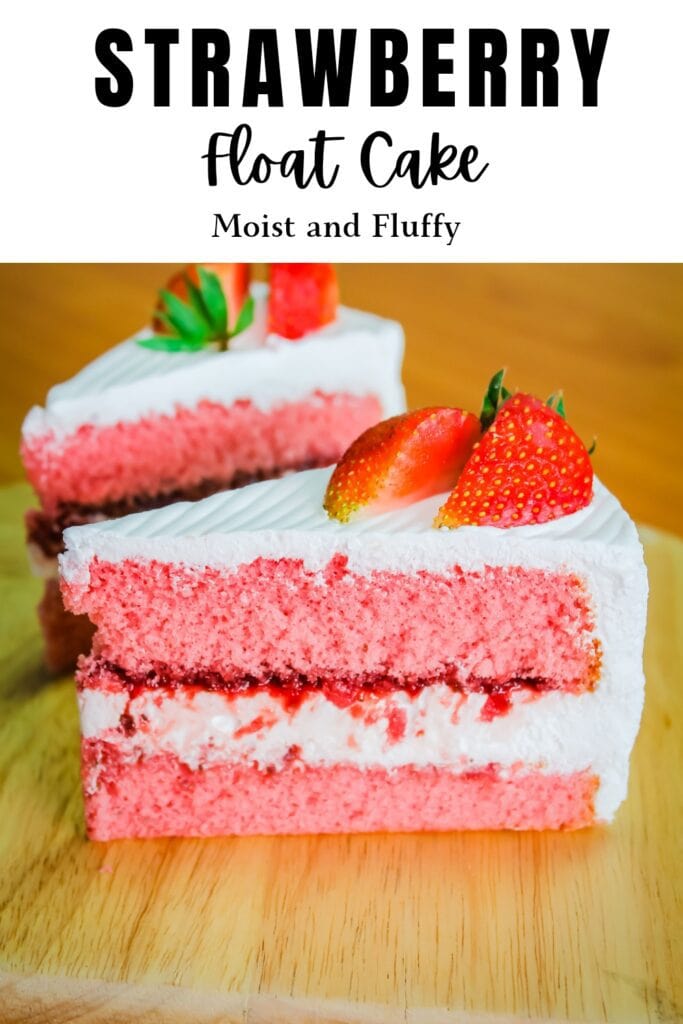 Two pieces of moist strawberry float cake with vanilla pudding frosting