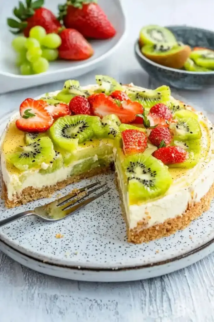 Strawberry Kiwi Cake in whixh one slice is missing