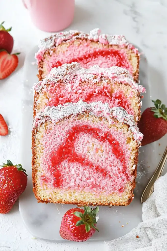 slices of strawberry vanilla marble cake