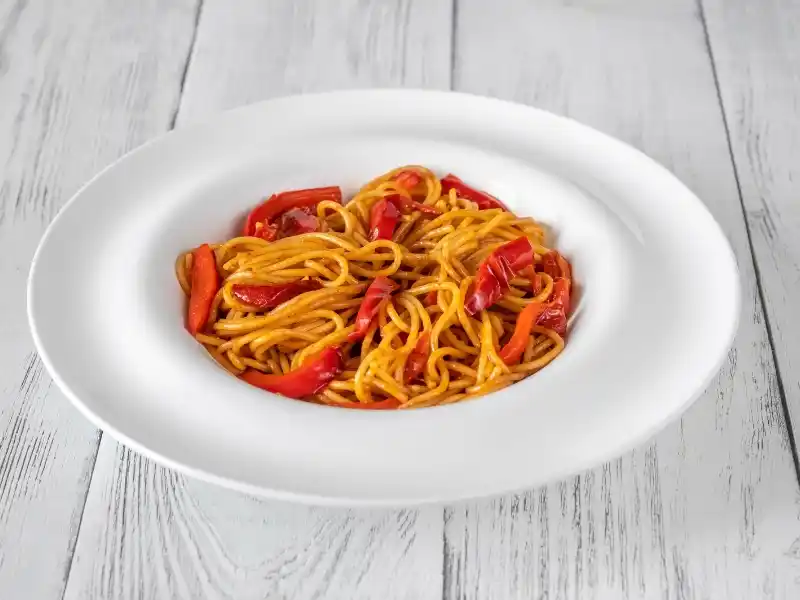 Roasted red pepper pasta in plate 