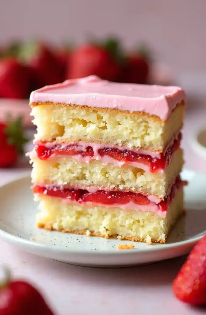 slice of strawberry banana cake in plate