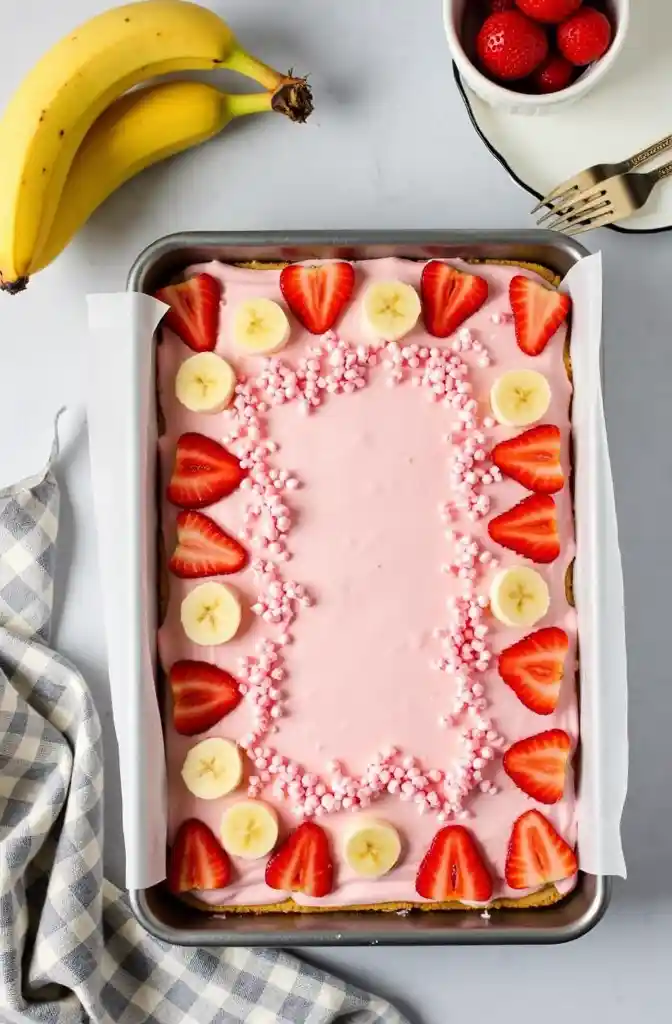 over head view of strawberry banana cake in rectangular dish