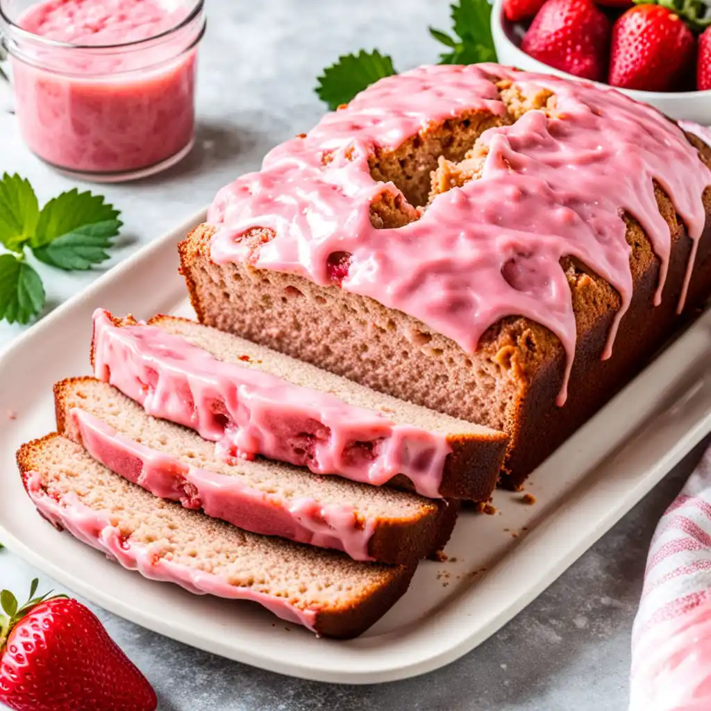 Strawberry loaf bread in plate with pink glaze 