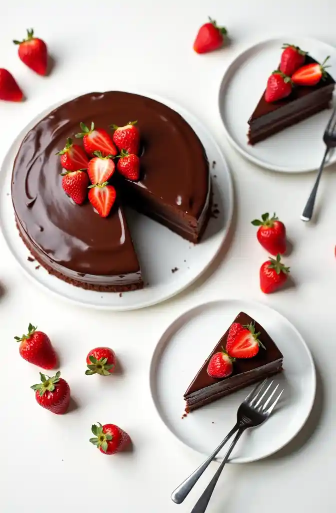 Chocolate Covered Strawberry Mousse Cake and two slices in plates