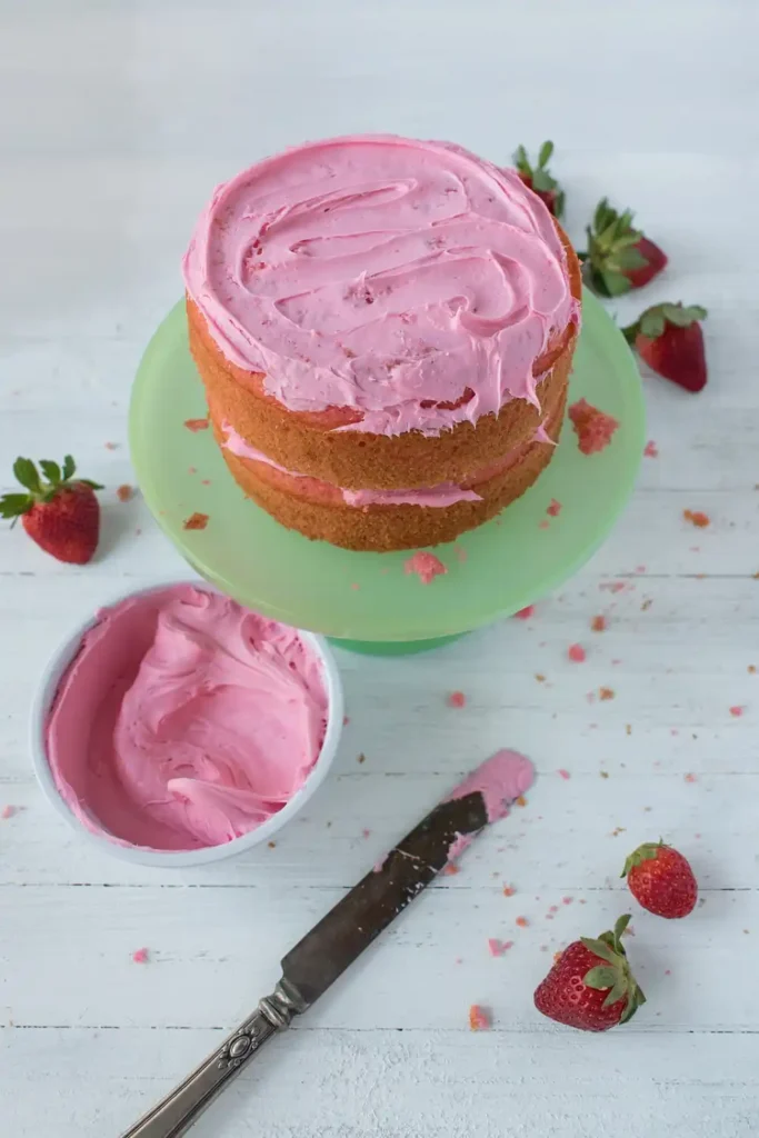 Vegan strawberry frosting on strawberry cake 