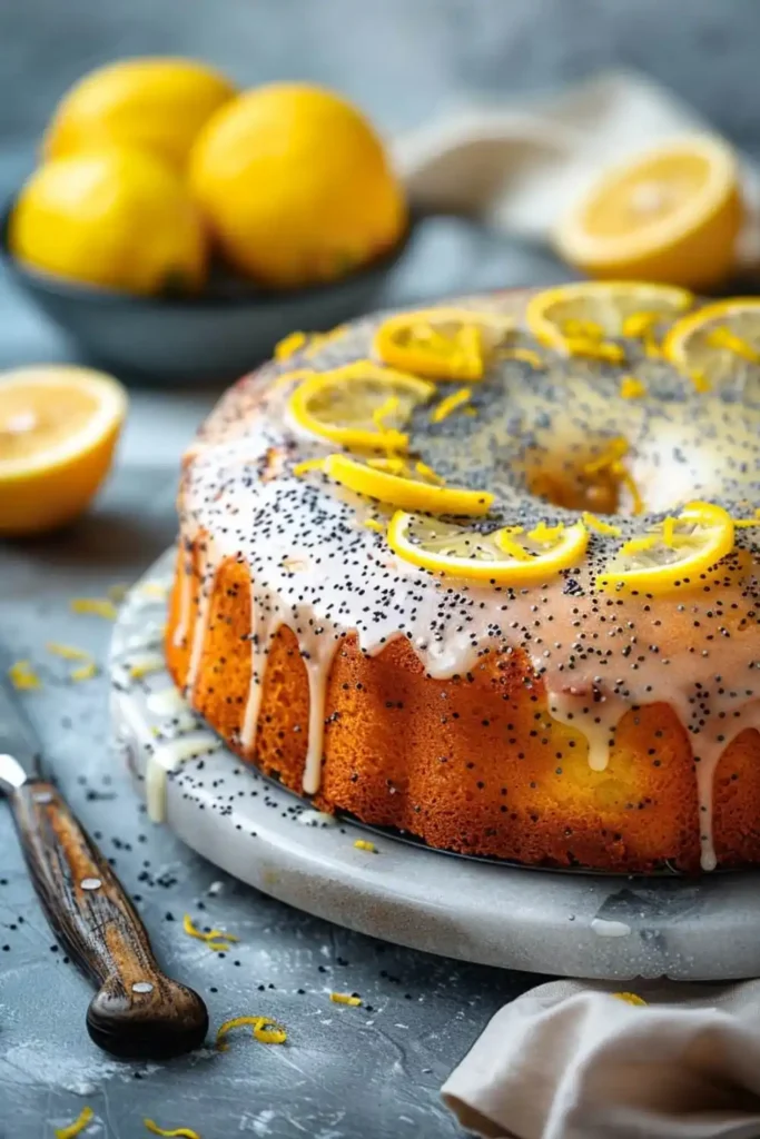  moist lemon poppy seed cake on a white cake stand, topped with a glossy lemon glaze