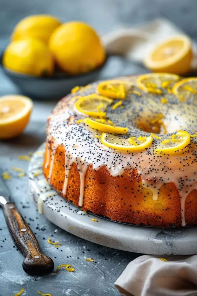 Lemon Poppy Seed Cake on cake stand