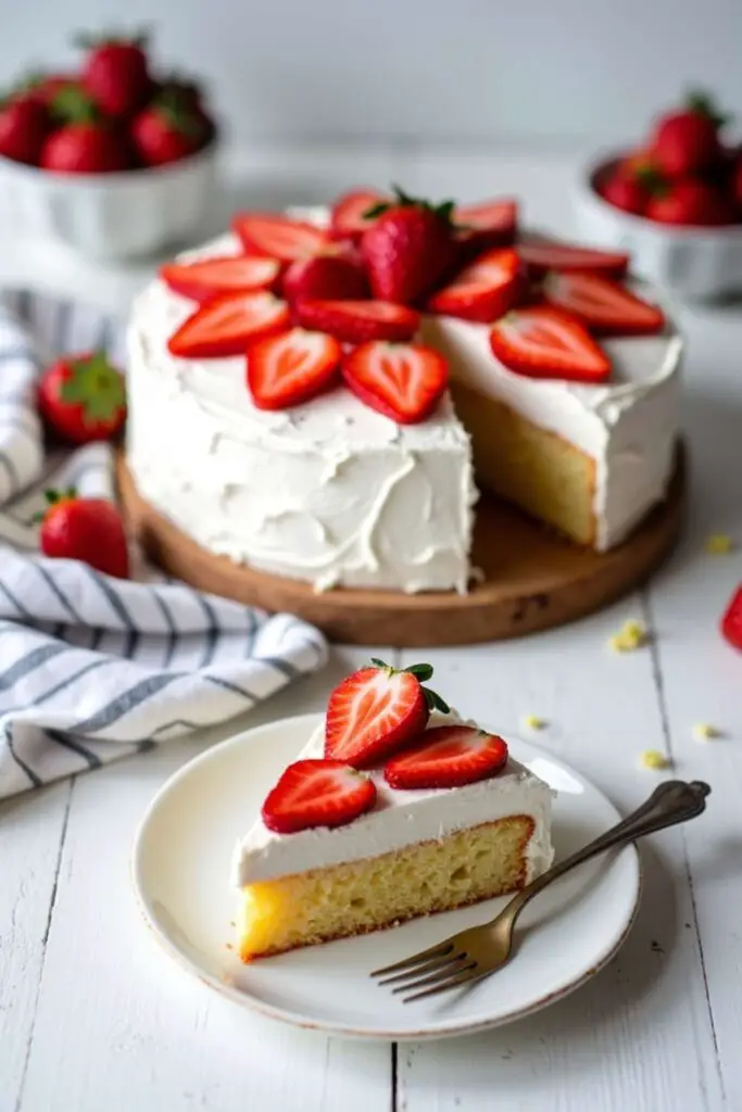 Strawberry Protein Cake slice in plate with fork