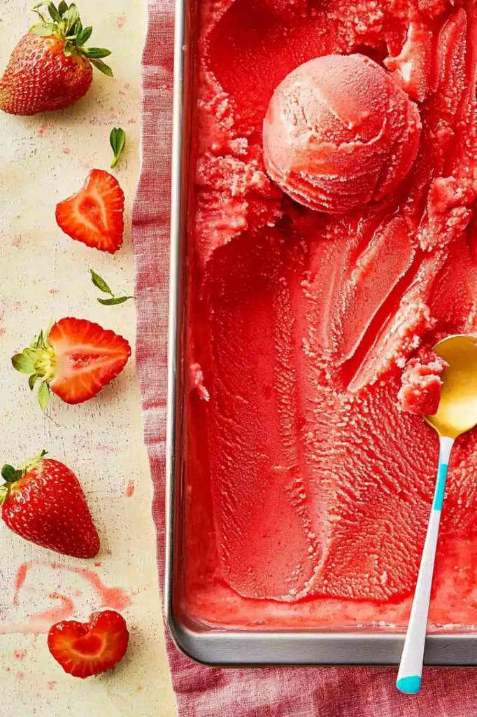 Strawberry Sorbet and strawberries are scatter around