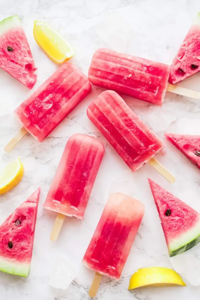 homemade watermelon popsicles arranged on a rustic wooden board, showcasing their bright pink color and refreshing texture.