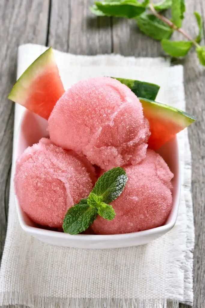 watermelon sorbet in bowl