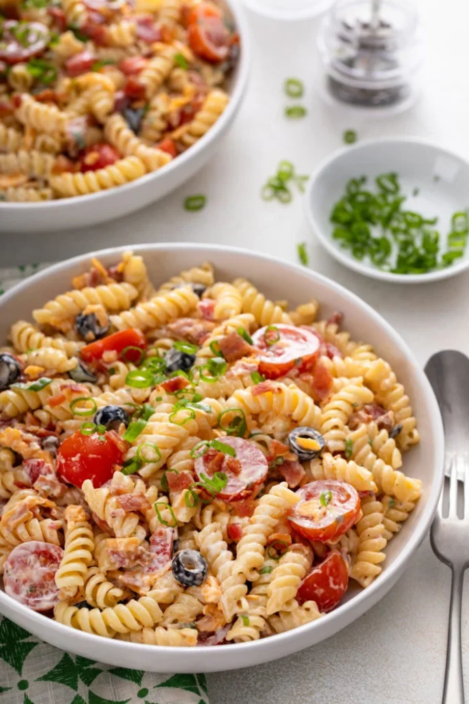 A close-up of Bacon Ranch Pasta Salad