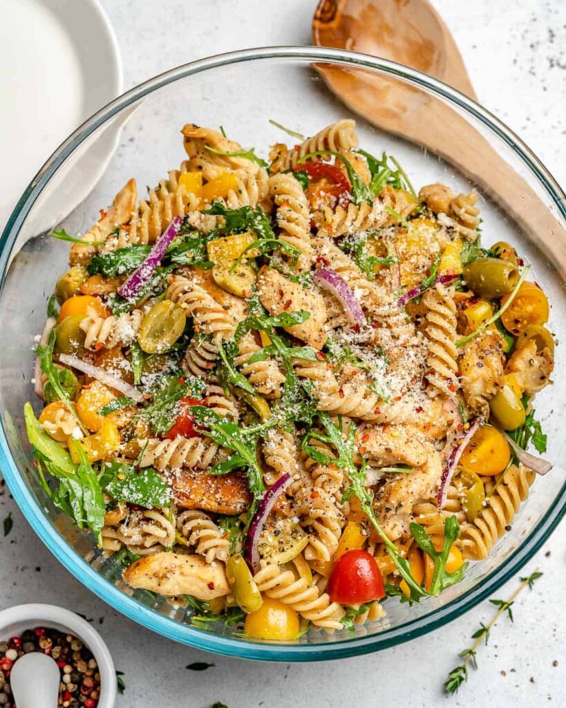 A top view of Chicken Pasta Salad 