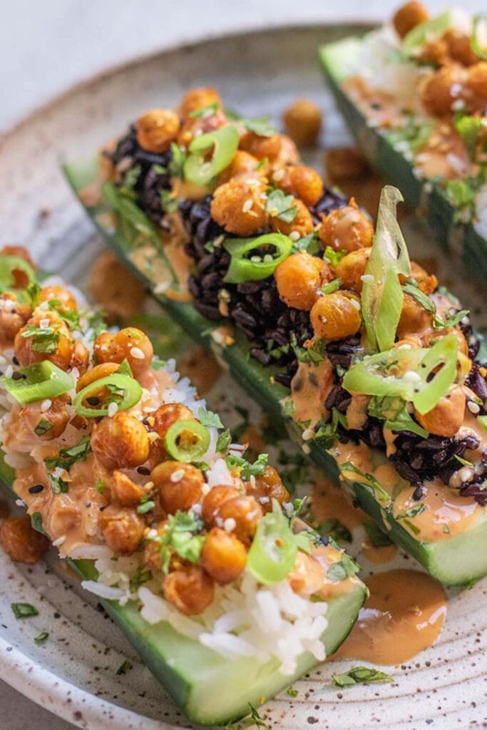 Fresh cucumber halves filled with crispy roasted chickpeas