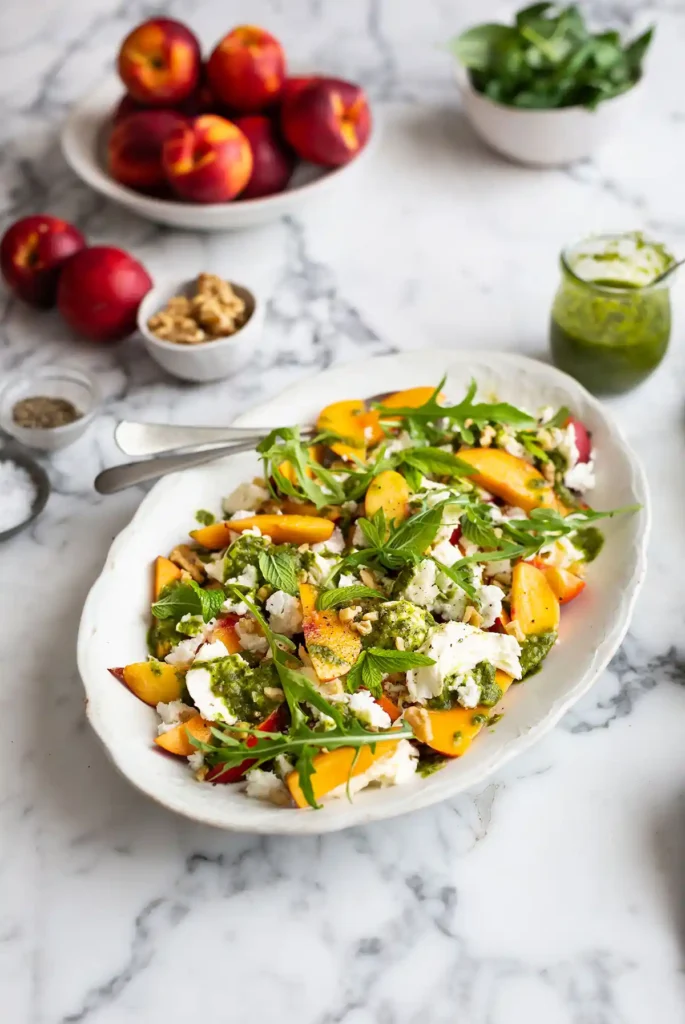 Nectarine and Mozzarella Salad in white plate
