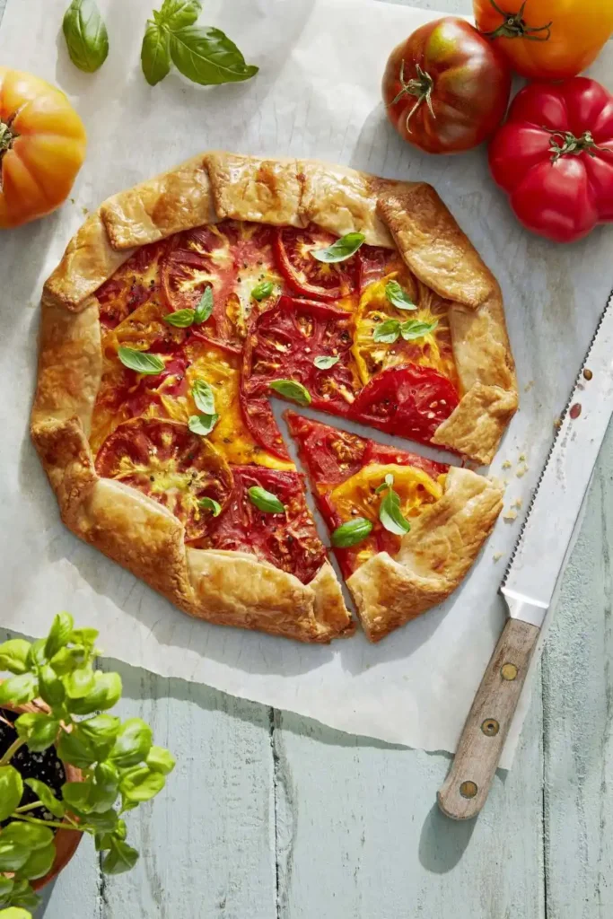 A homemade savory pastry featuring ripe tomatoes, fresh basil, and melted cheese, baked to golden perfection