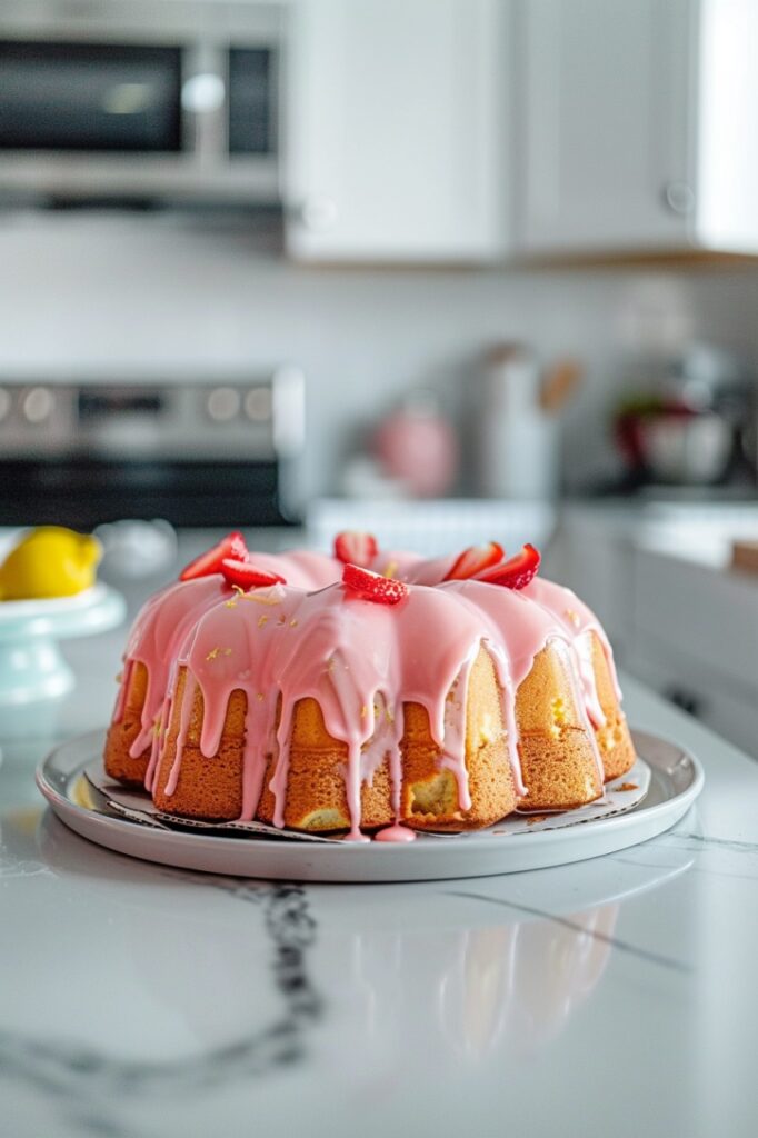 strawberry pound cake topped with glaze