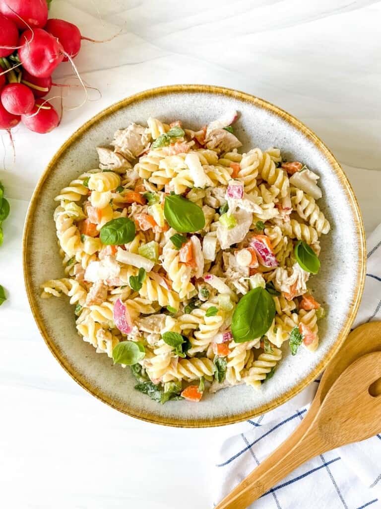 
A bowl of Turkey Pasta Salad without mayo