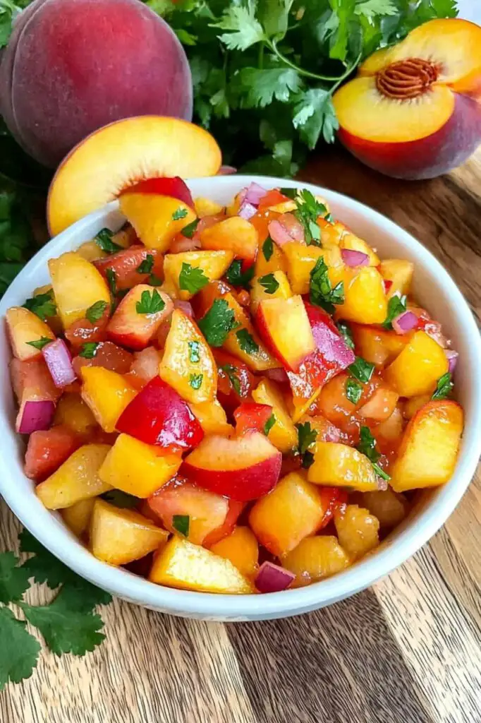 peach salsa in bowl and peaches are placed nearby