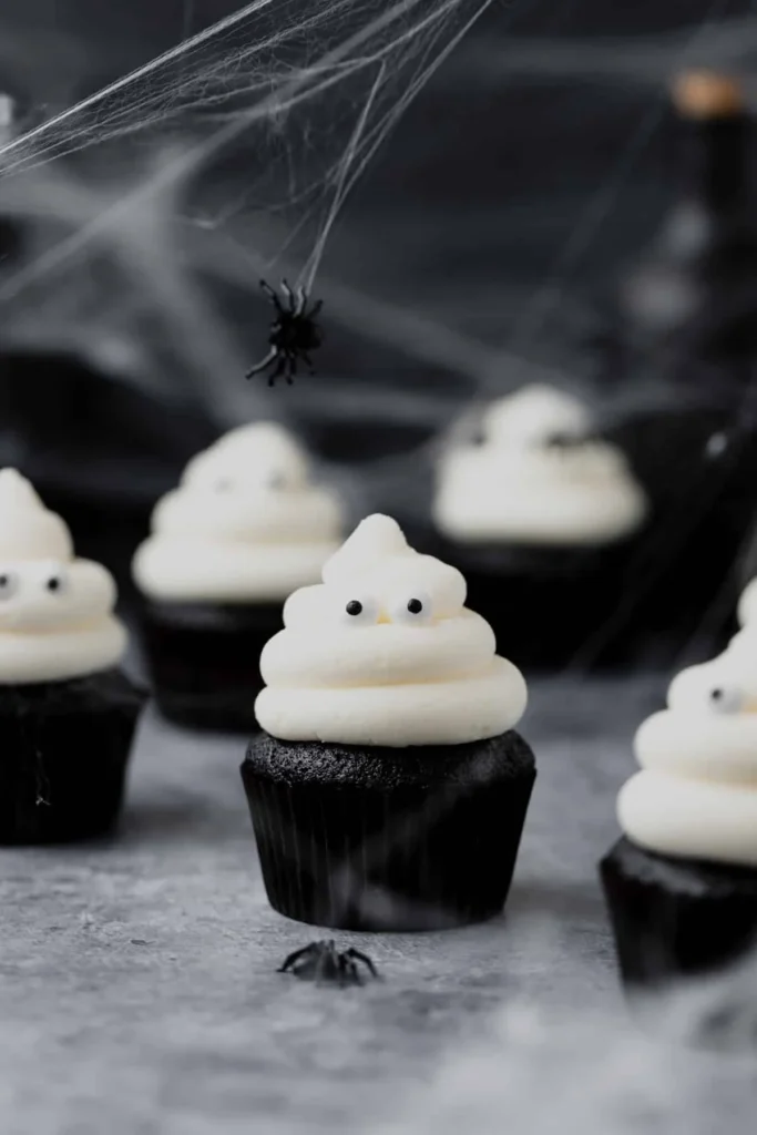 Black Velvet Ghost Cupcakes with ghost eyes