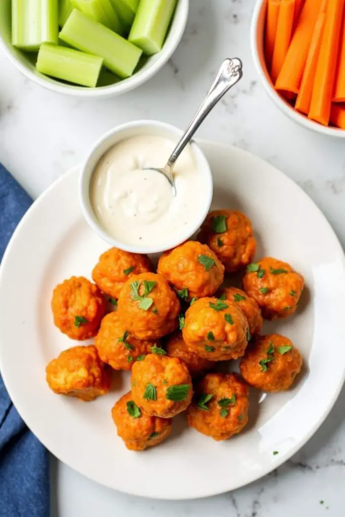 Buffalo Turkey Meatballs in white plate with sauce