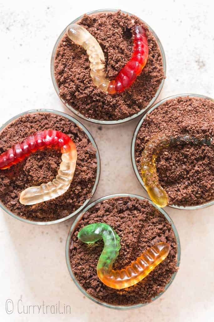 Chocolate Dirt Cups in four glasses