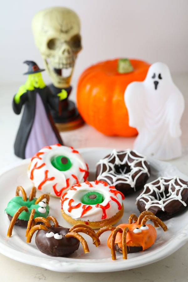 Halloween Donuts of spider web and spider and eye shape