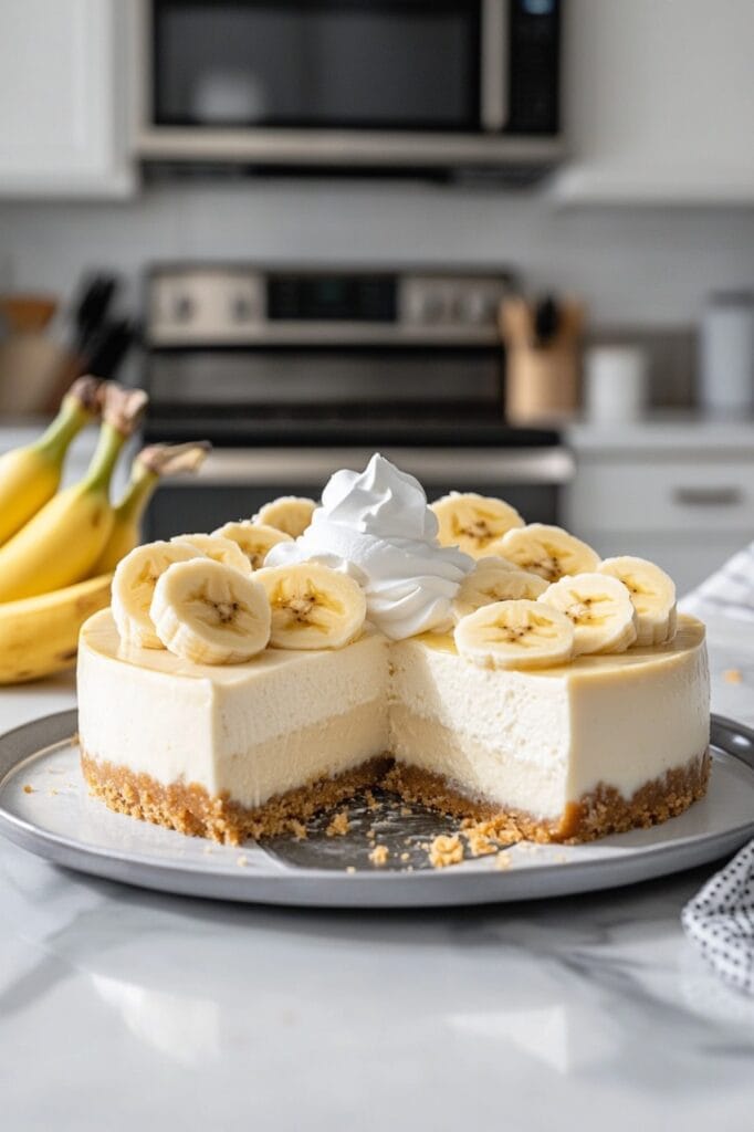 No Bake Banana Pudding Cheesecake in plate with vanilla and banana decoration