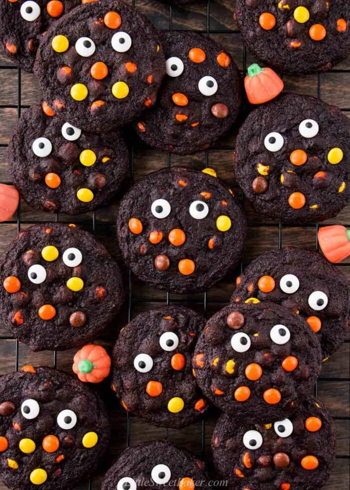 Reese’s Pieces Halloween Cookies topped with candy eyeballs