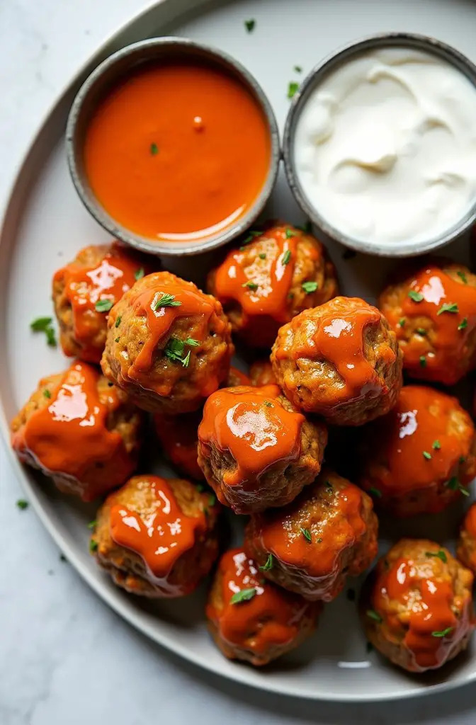 buffalo turkey meatballs with ranch dip and buffalo sauce