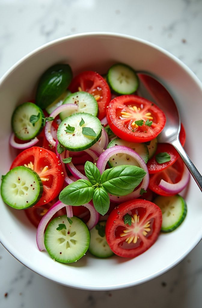 cucumer tomato and onion salad in bowl