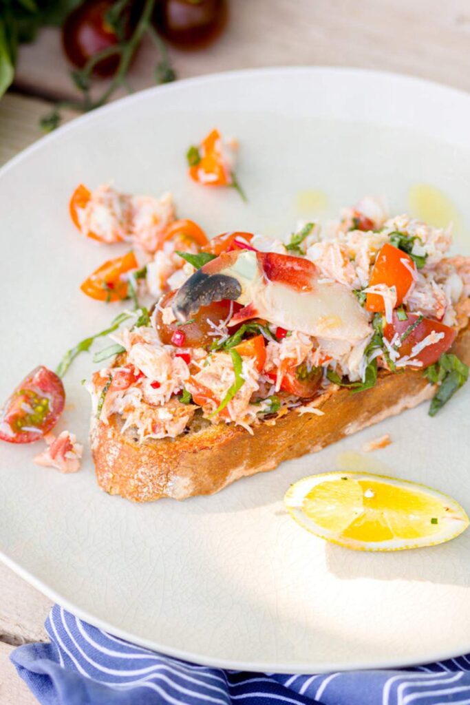 Crab Bruschetta  in white plate