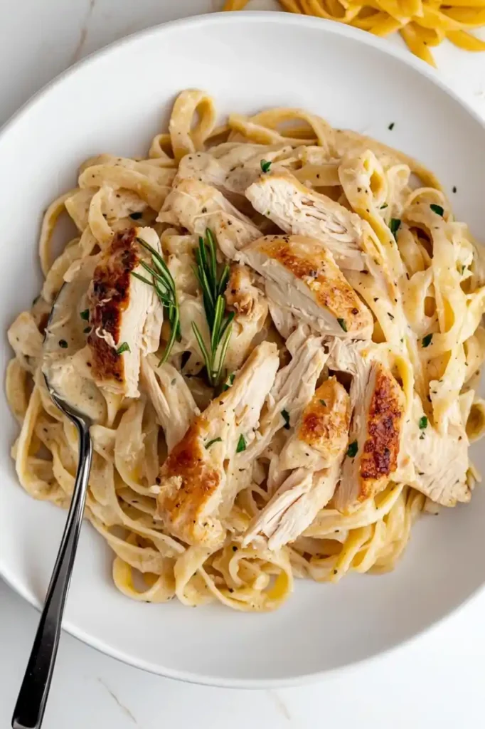 Creamy Chicken Pasta in white plate