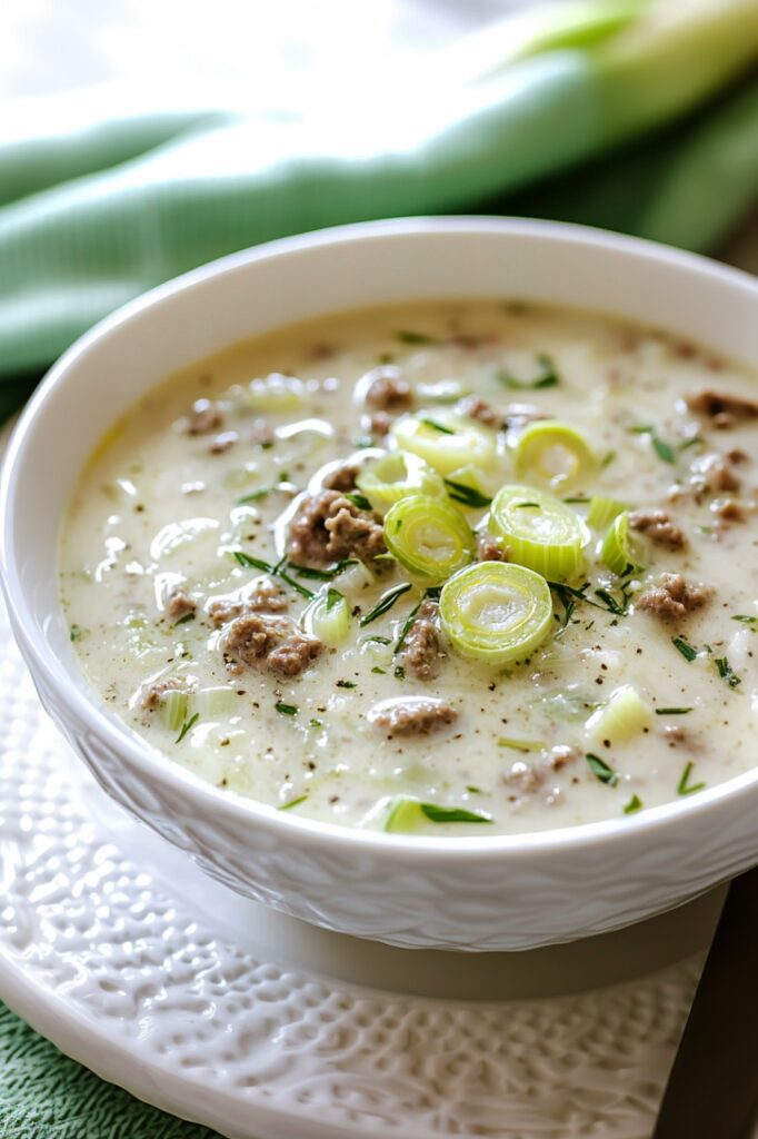 Ground-Beef-Leek-Cheese-Soup in bowl 