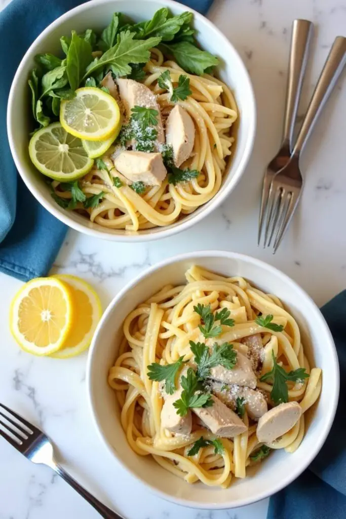 Lemon Chicken Parmesan Pasta in two bowls with fork