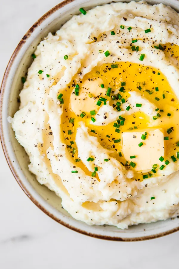 top view of Roasted Garlic Mashed Potatoes